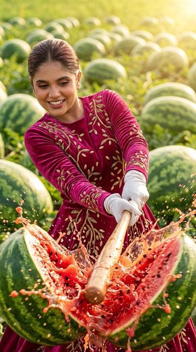 A confident brunette smashes a giant watermelon with a baseball bat