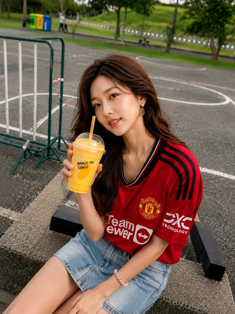 Young woman in red jersey sits on steps holding smoothie