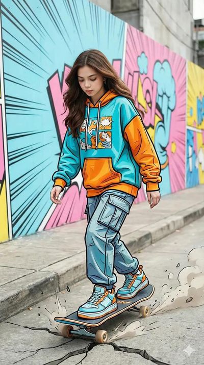 Neon Dusk Skater: Modest Streetwear in Motion