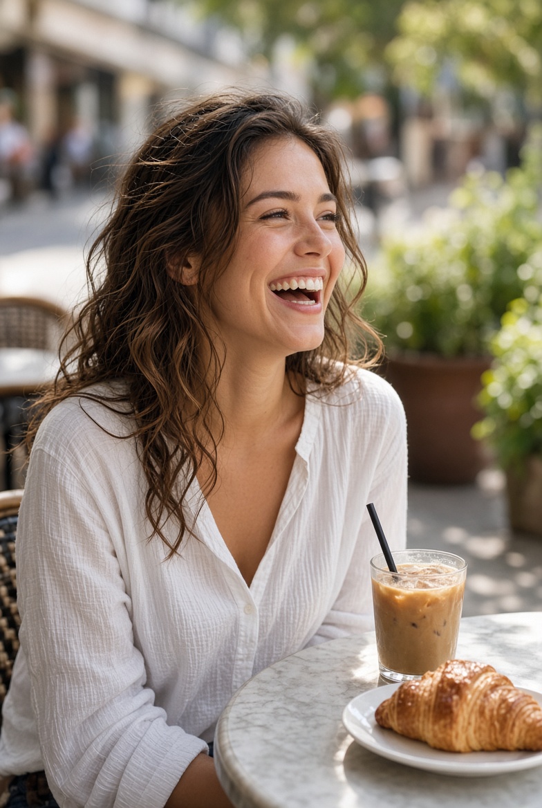 Joyful Woman Laughs While Sipping Iced Coffee at Outdoor Cafe