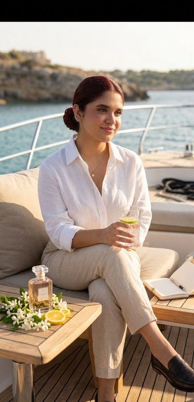 A woman in white linen reads on a yacht deck at sea