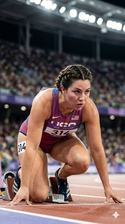 Olympic sprinter crouches in starting blocks before the gun