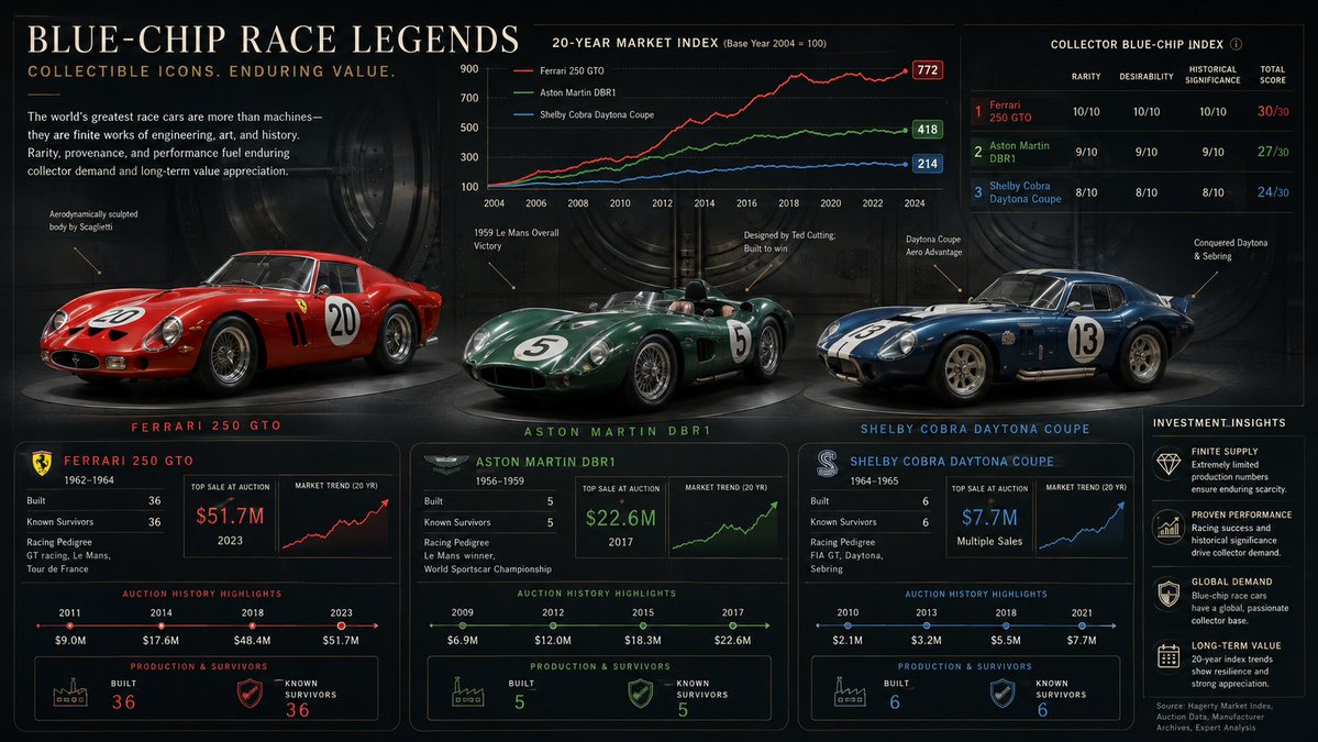 Three classic race cars line up in a bank vault studio