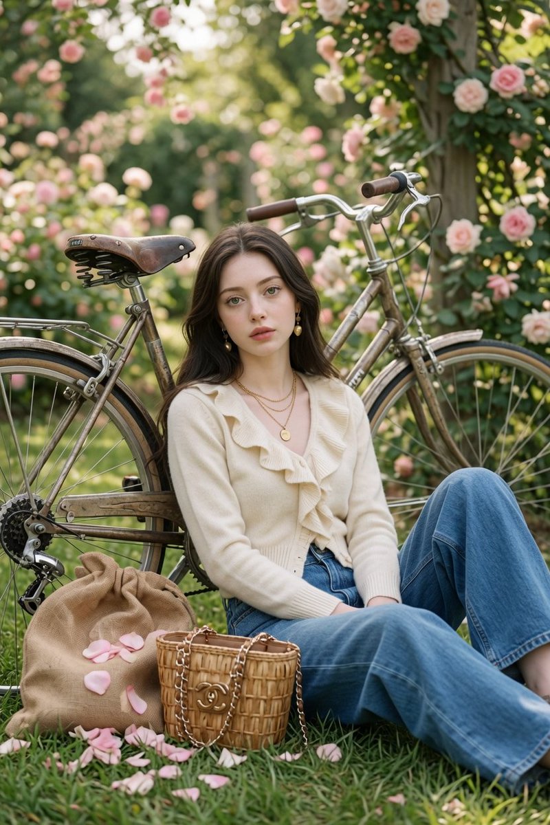 Korean woman leans against vintage bike in romantic rose garden