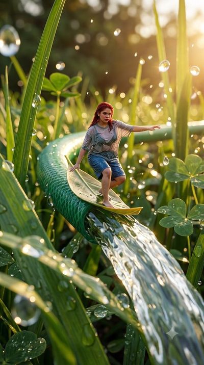 Tiny surfer rides a giant garden hose water slide