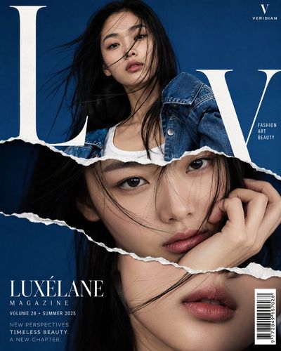 Torn paper collage reveals a model's layered beauty on magazine cover