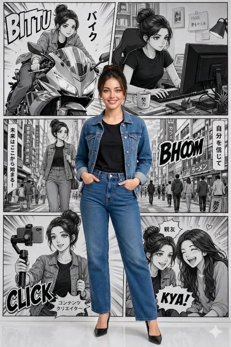 A hyper-realistic woman stands before a chaotic manga background