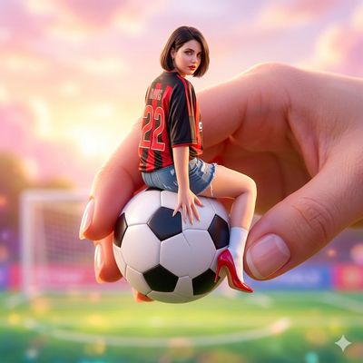 Miniature Girl on Giant Soccer Ball: A Surreal Fashion Fantasy