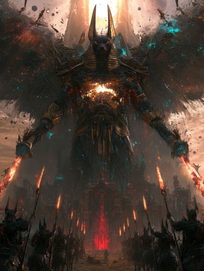 Anubis the star eater towers over ruined cosmic temple.