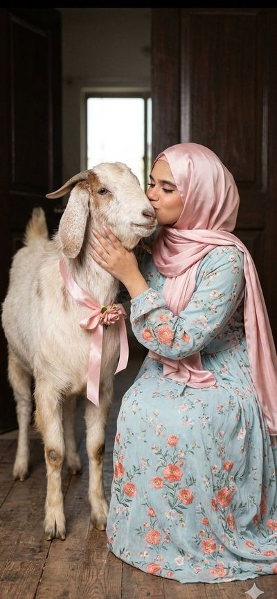 A woman in a floral dress kisses a goat adorned with a pink ribbon