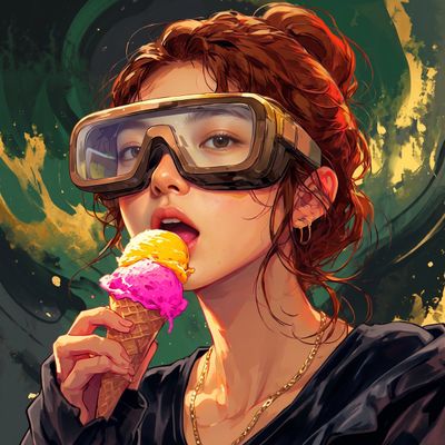 Copper-Haired Woman in Goggles Relishes Colorful Ice Cream with Wild Joy