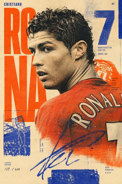 Young Ronaldo stares over his shoulder in layered risograph print