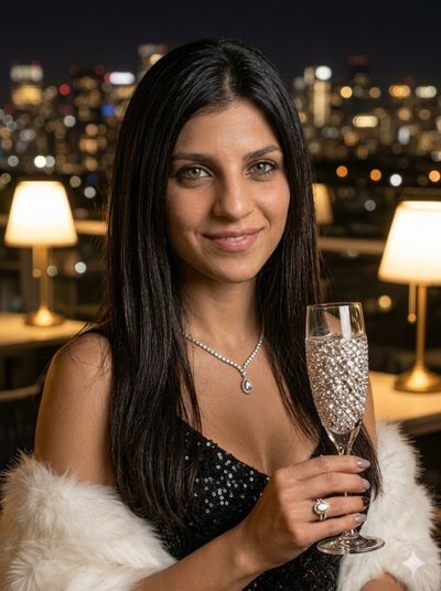 Elegant Woman Smiling with Diamond-Covered Champagne Flute at Night
