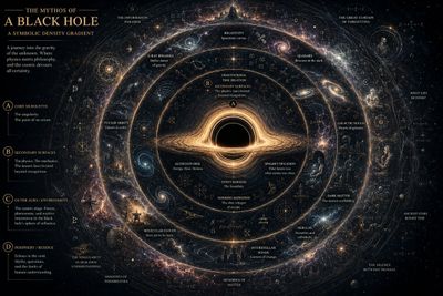 A lone astronaut stands beneath a swirling cosmic vortex of symbols.