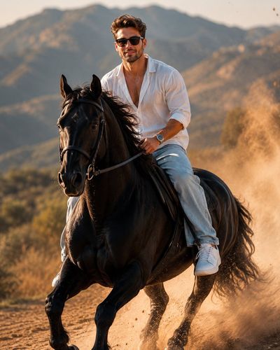 Slim young man rides black horse through dusty sunset fields