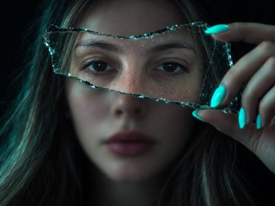 Surreal portrait of a woman holding mirror shard with perfect focus on eyes