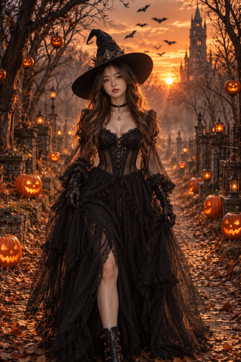 Witch strolls pumpkin-lined path as bats form honor guard at sunset