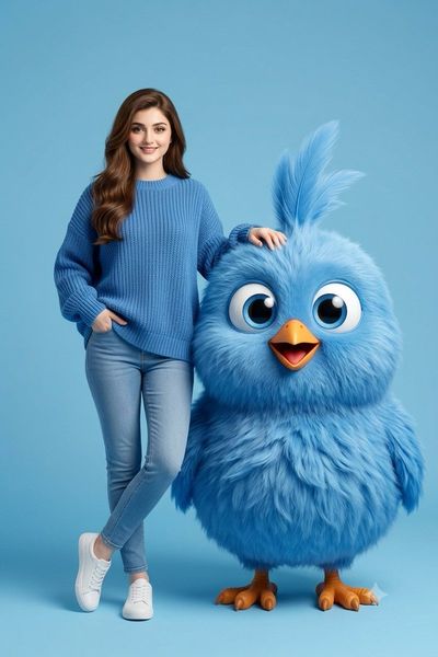 Woman in blue sweater smiles beside a fluffy giant bird