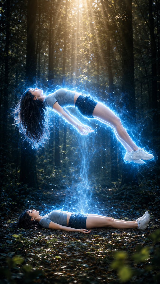 A woman's astral spirit floats above her sleeping body in a forest