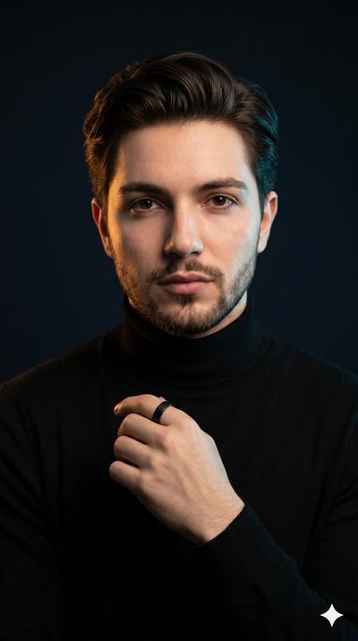 A confident executive in black turtleneck poses with dual lighting