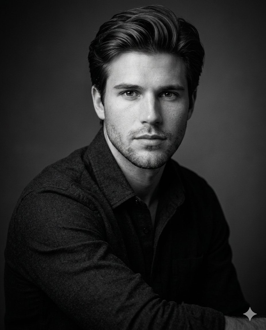 A pensive subject meets the camera in dramatic monochrome studio light.