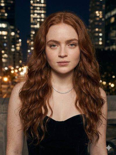 Red-haired woman poses confidently in neon-lit urban night street