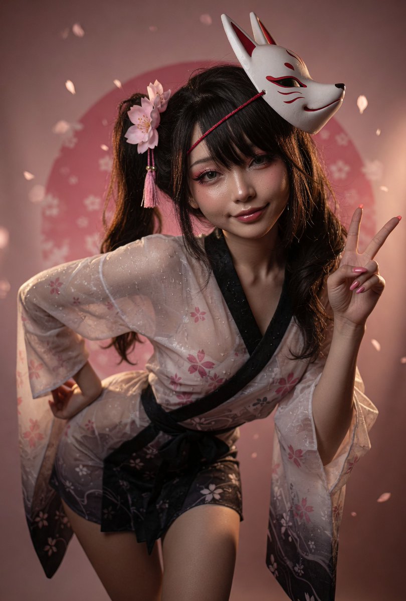 Enchanting Kitsune Under Sakura Rain