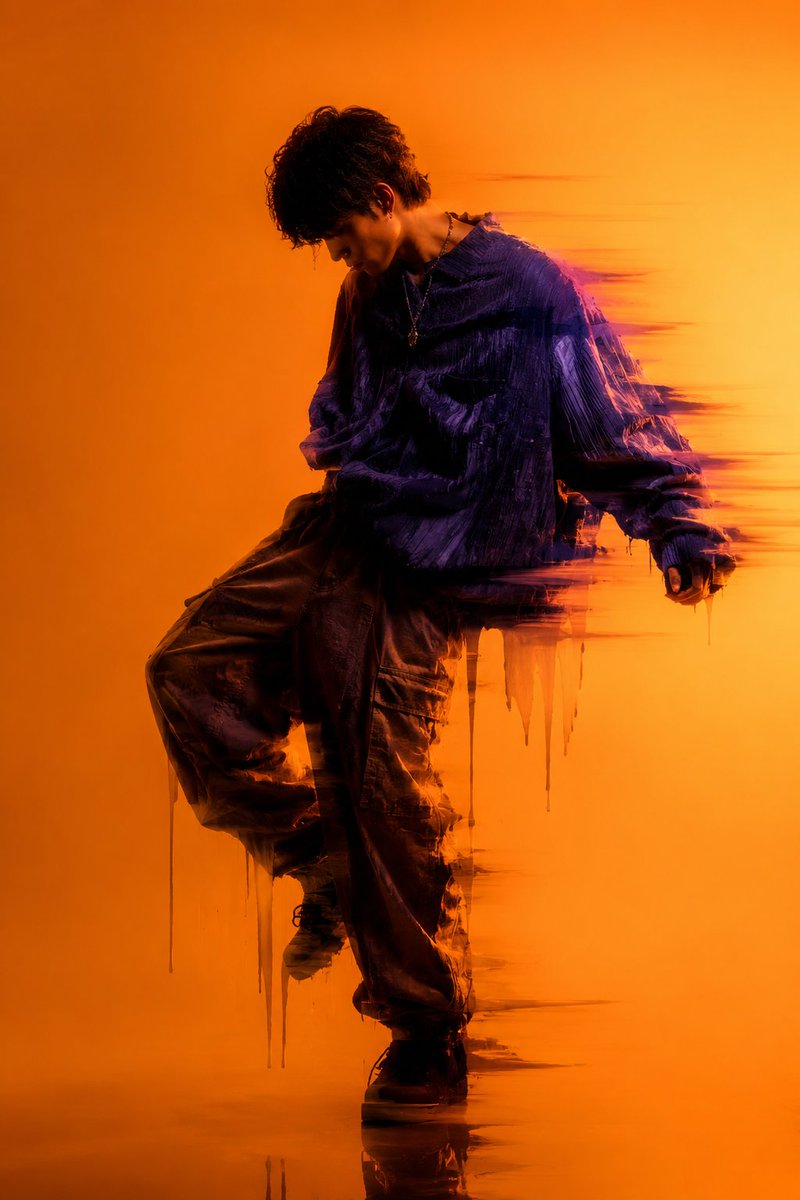 Young man in emerald shirt poses with digital glitch streaks.