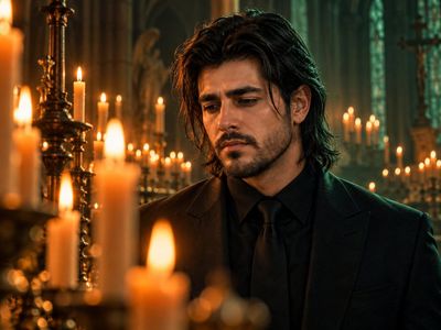 Stoic man stands in candlelit cathedral with green shadows