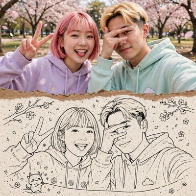Vibrant couple selfie merges with manga ink sketch on cream paper