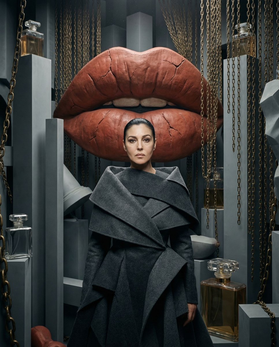 Stoic muse stands centered among surrealist sculptures and chains