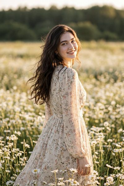 Golden sunset illuminates her smiling face in a daisy field