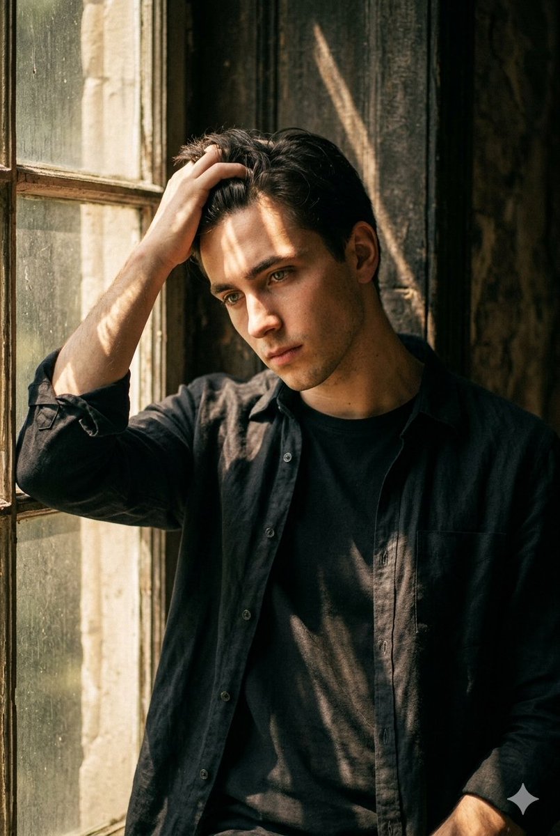 Young man with green eyes gazes through sunlit window