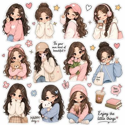 A kawaii sticker sheet transforms the same girl into twelve chibi poses