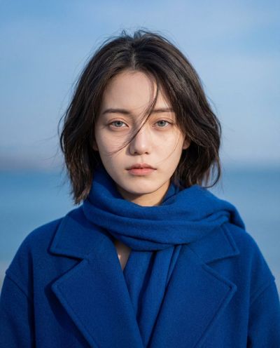 A young woman in royal blue coat looks calmly into the camera