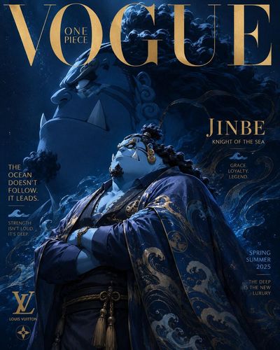 Nico Robin poses elegantly in black velvet on a luxury Vogue cover