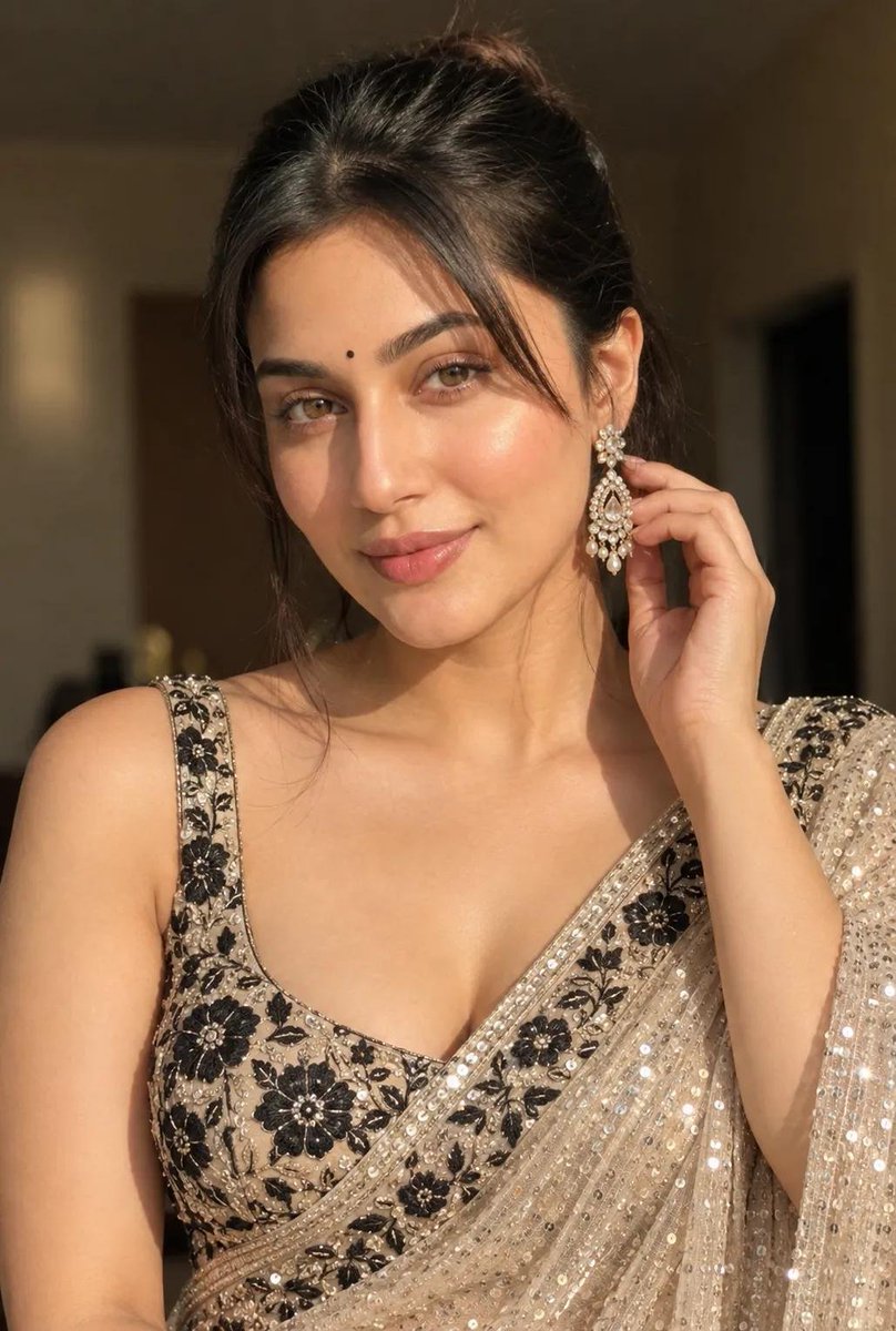 Sunlit South Asian Woman in Champagne Saree Touches Earring Gently
