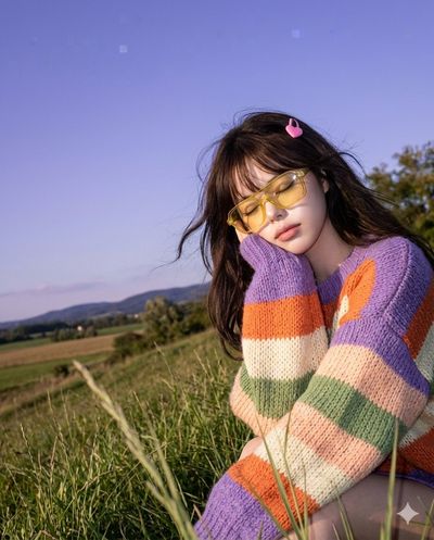 A girl rests her cheek on a sweater sleeve in tall grass