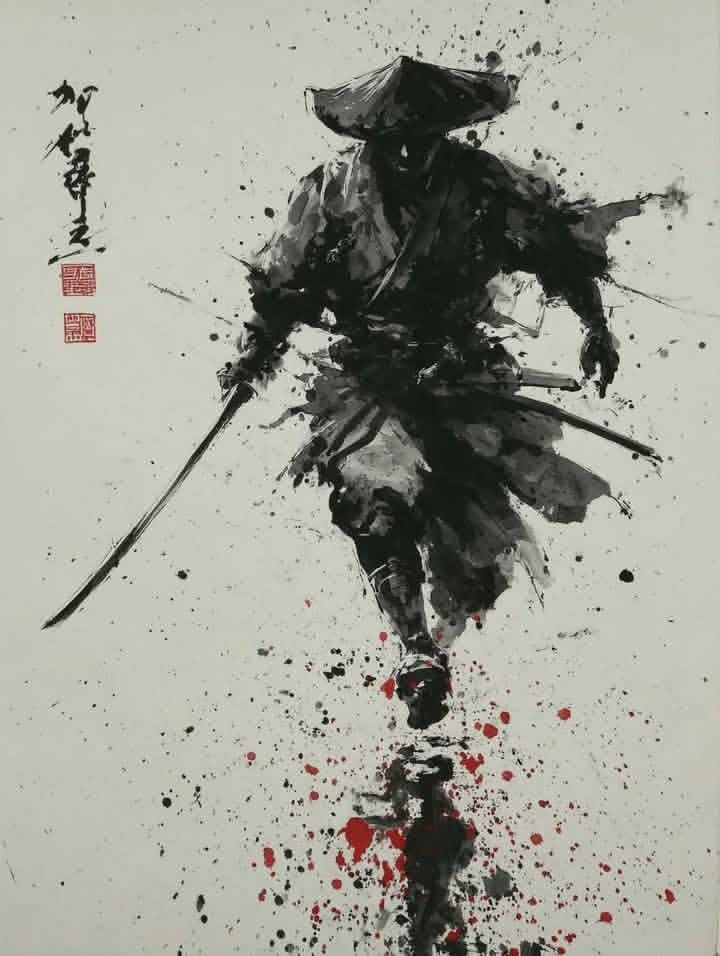 A lone samurai strides through dark ink and shadow.