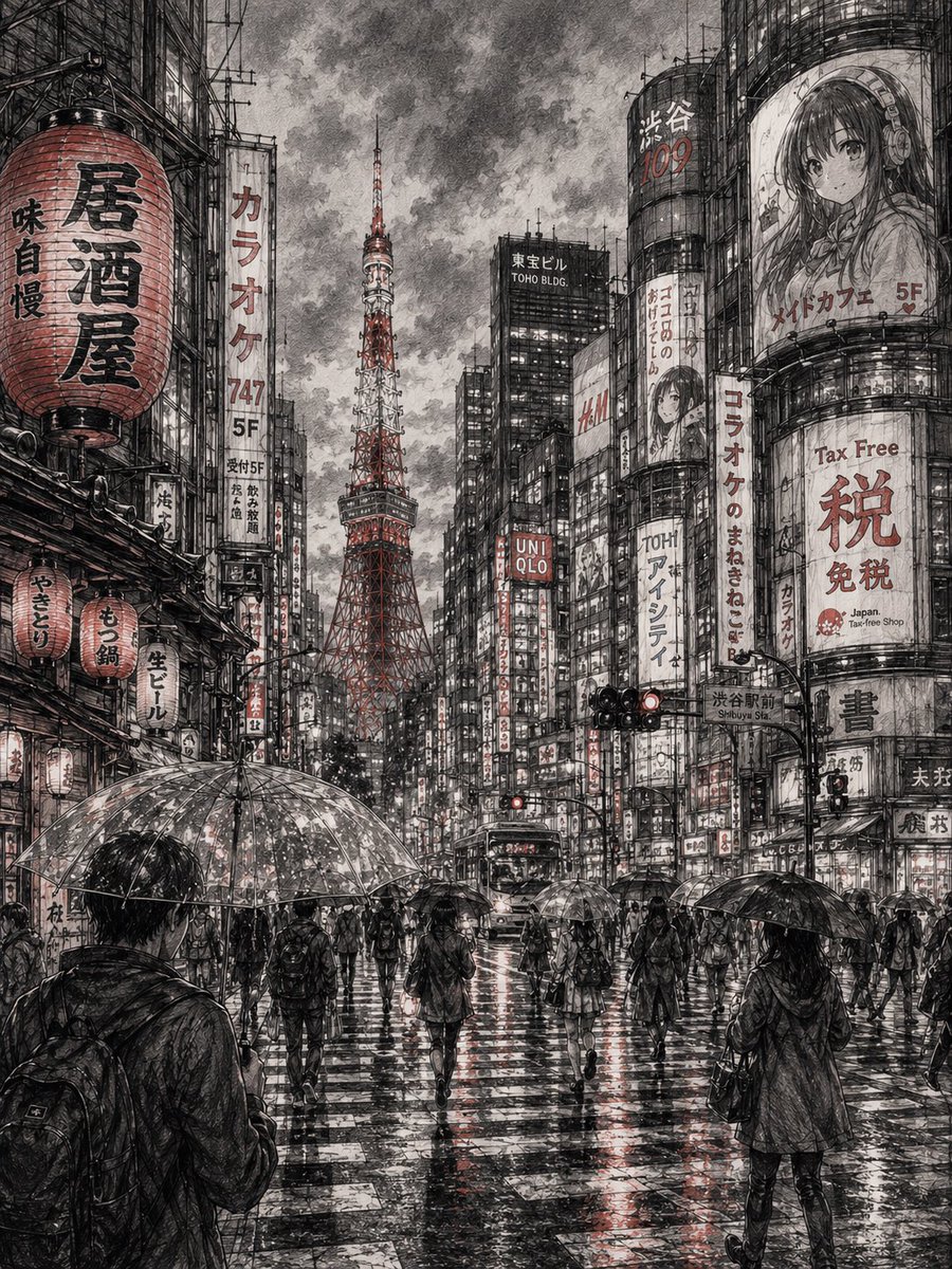 Tokyo's neon streets glisten under rain and dusk lights