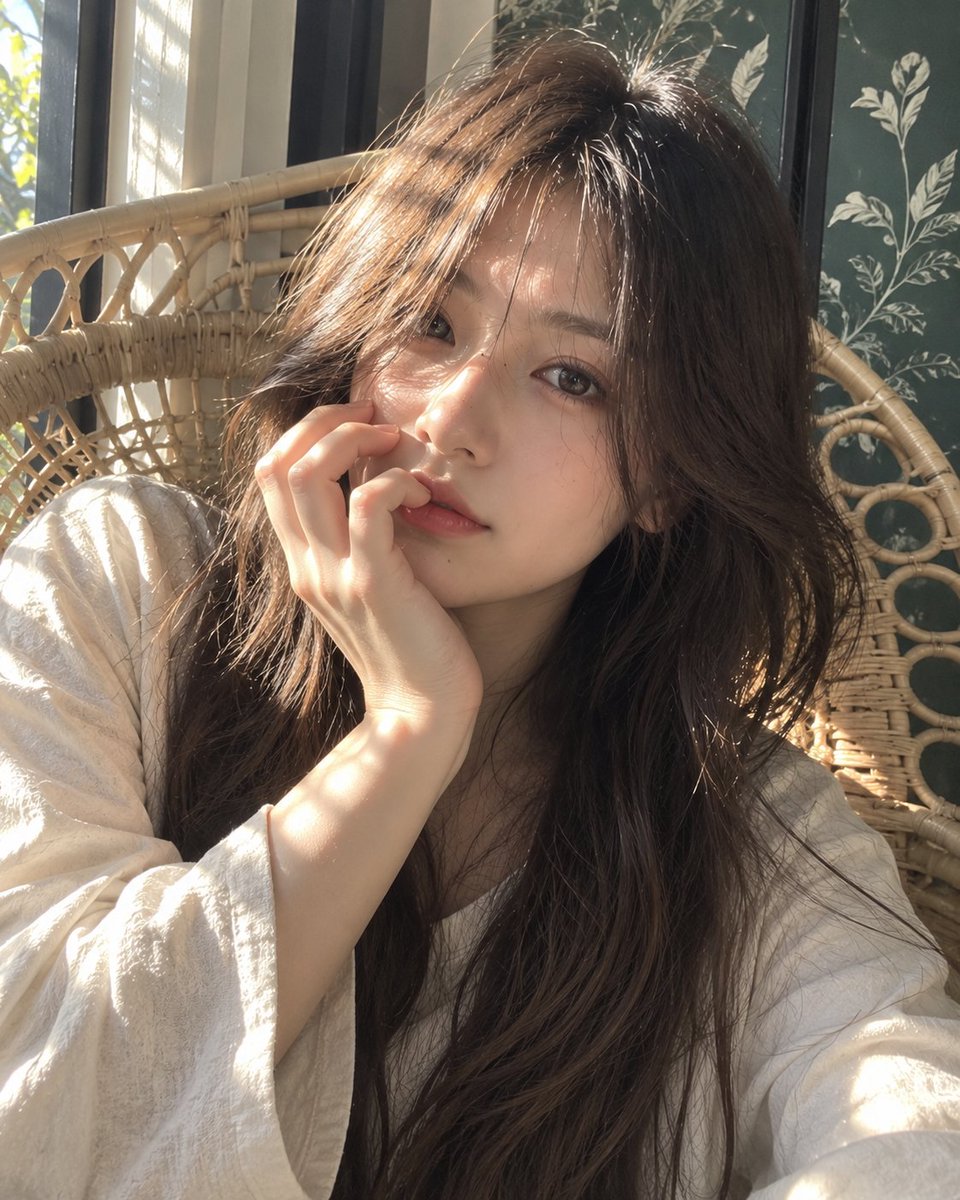 Sunlit woman in rattan chair touches her face with calm expression