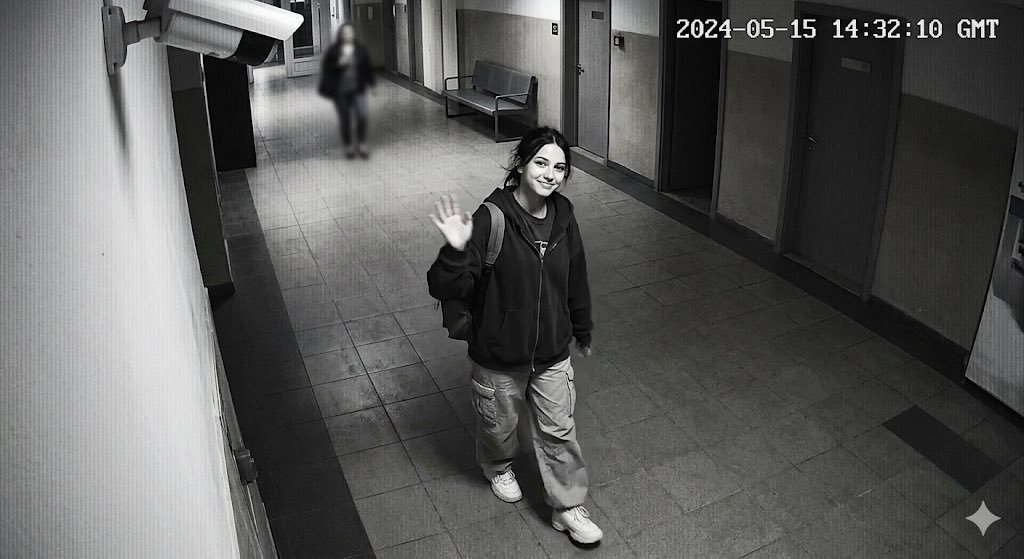 Teenage girl smiles and waves at a security camera in a hallway