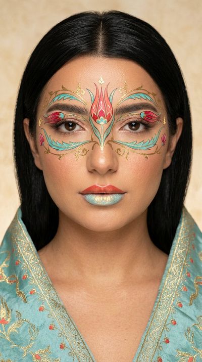 Ottoman tulip miniature blossoms across a model's serene face