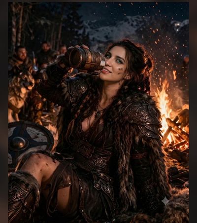 A fierce Viking warrior woman drinks by a roaring campfire