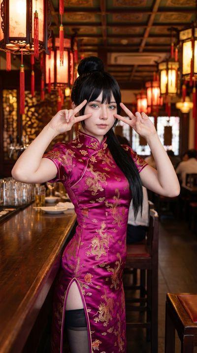 Woman in magenta qipao poses with peace signs at bar