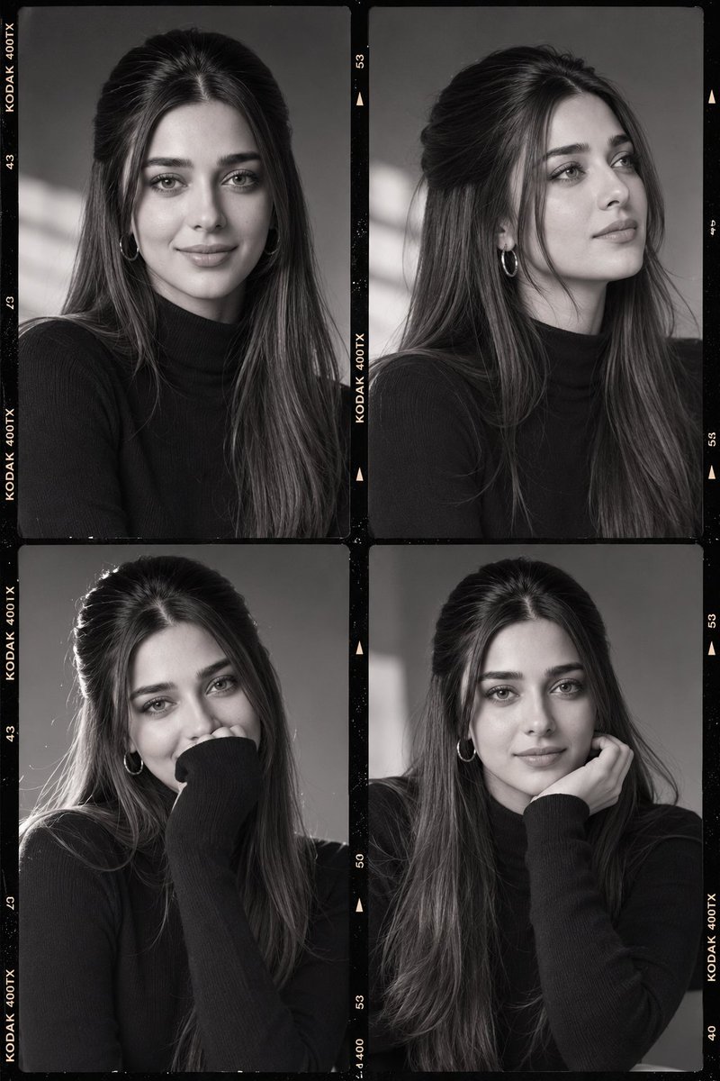 A model in black turtleneck poses in four intimate portraits