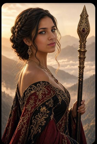 Warrior Queen with Golden Staff Gazes Over Misty Mountains