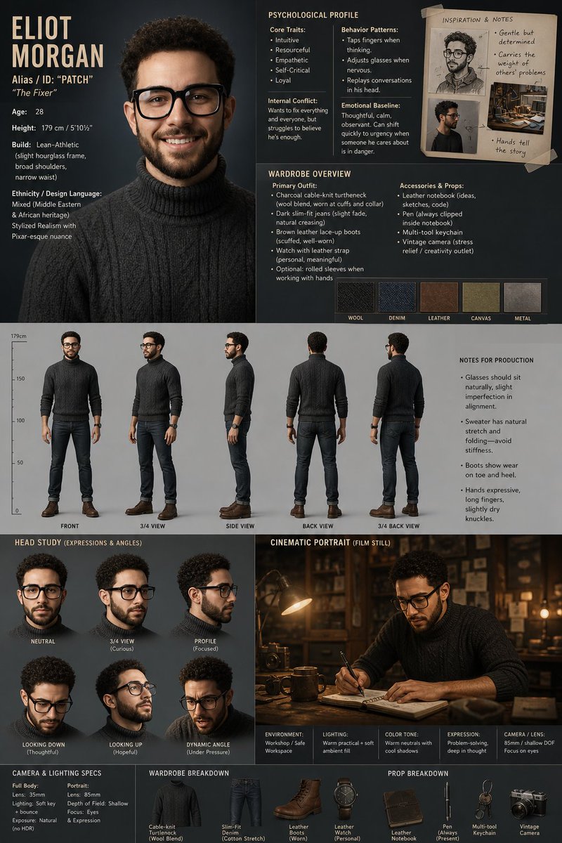 Asymmetrical Character Design Sheet for Cinematic Pitch
