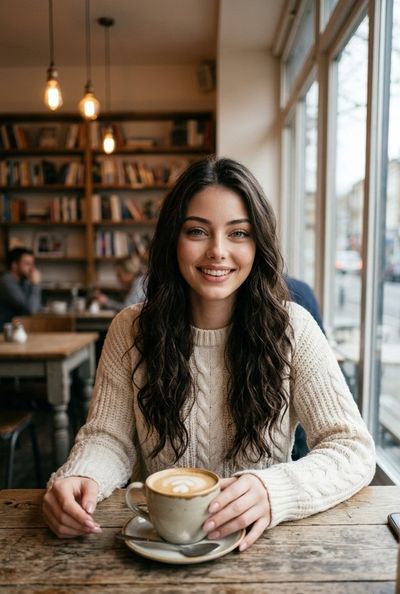 Warm cafe portrait of a woman smiling with a latte