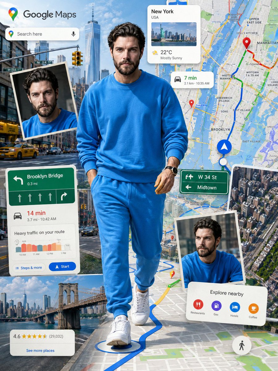 A neon-clad traveler steps from a digital map collage